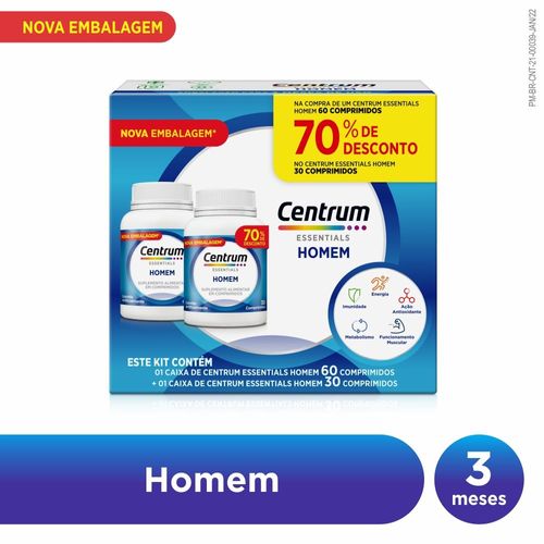 Kit Centrum Essentials Polivitamínico Homem Vitaminas de A a Z  30+60 Comp.