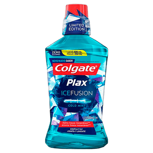 Enxaguante Bucal Zero Álcool Cold Mint Colgate Plax Ice Fusion Frasco Leve 500ml Pague 350ml