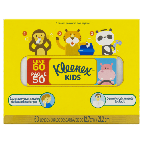 Lenço de Papel Folha Dupla Extra Suave Kleenex Kids Caixa Leve 60 Pague 50 Unidades