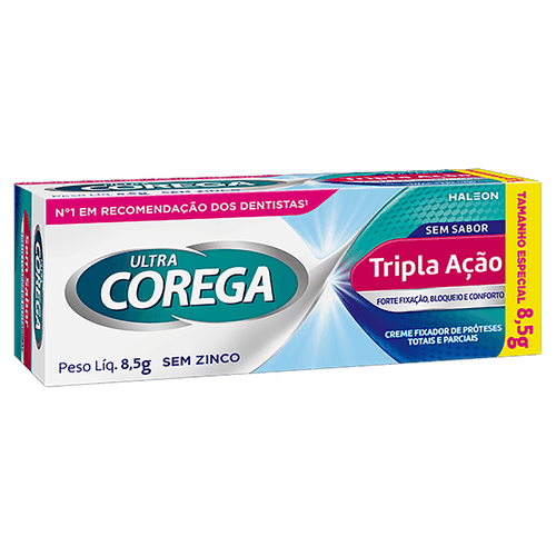 Fixador de Dentadura Creme sem Sabor Ultra Corega Tripla Ação Caixa 8,5g Tamanho Especial