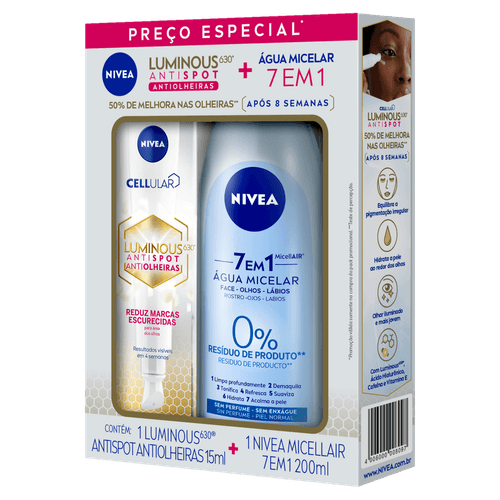 Kit Creme Antiolheiras Cellular Luminous 630 Antispot 15ml e Água Micelar 200ml Nivea Micellair