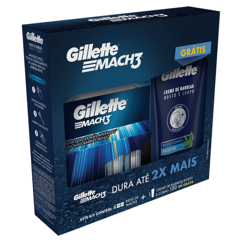 Kit 4 Cargas de Aparelho para Barbear Gillete Mach3 + Creme de Barbear Rosto e Corpo - 150ml