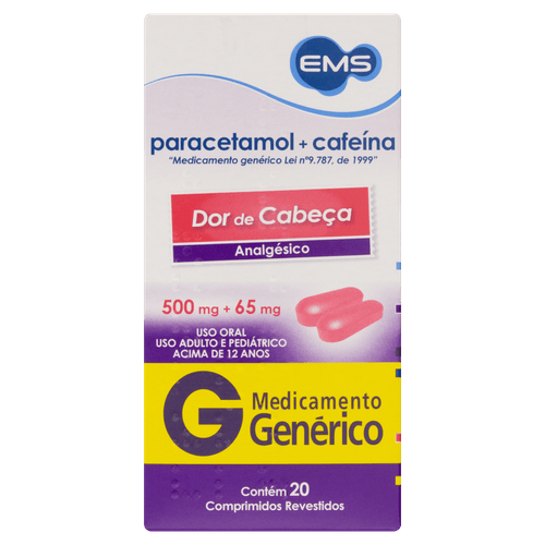 Paracetamol + Cafeina 500 + 65mg 20 Comprimidos Revestidos - Genérico - Ems