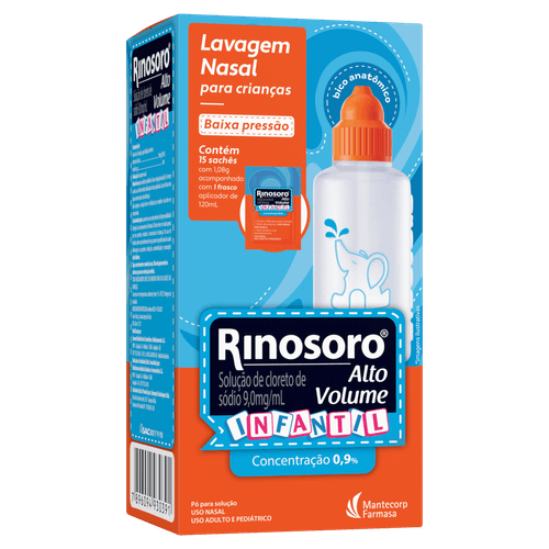 Rinosoro Alto Volume Infantil Pó para Solução - 15 sachês + Lavador Nasal