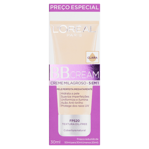 Base BB Cream L'Oréal Paris Dermo Expertise Cor Clara FPS 20, 30ml