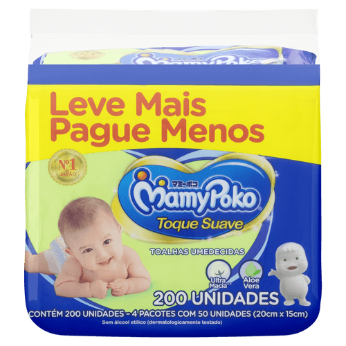 Lenço Umedecido Infantil Toque Suave 200 Un Aloe Vera Mamypoko Ultra Macia