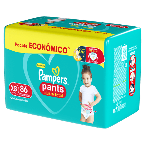 Fralda Descartável Infantil Pants Pampers Ajuste Total XG 86 Unidades Pacote Econômico