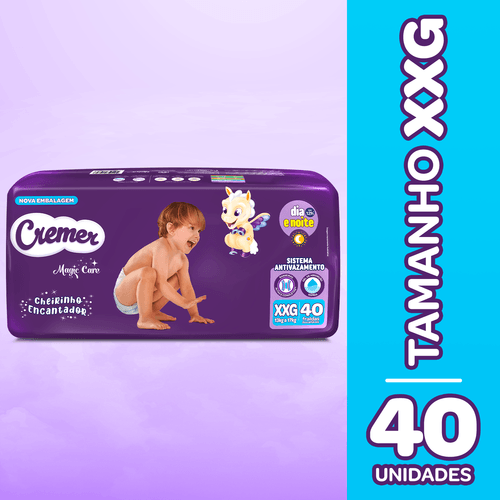 Cremer Fralda Descartável Superabsorvente Antivazamento 12h Magic Care Hiper XXG 40 Un