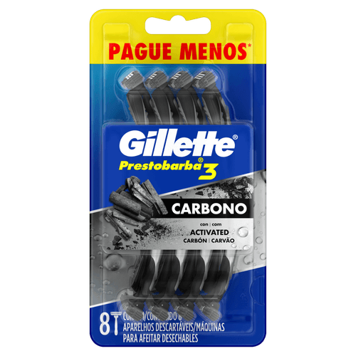 Aparelho Descartável para Barbear com Carvão Gillette Prestobarba3 Carbono 8 Unidades