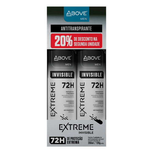Desodorante Jato Seco Aerossol Invisible 72h Above Men Extreme 2 Un-200ml Cada