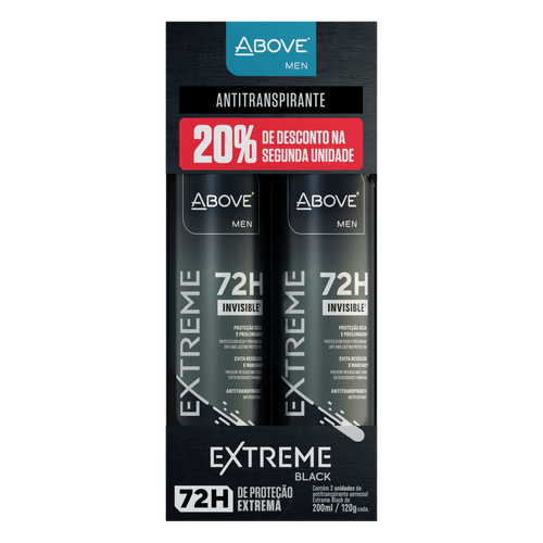 Desodorante Jato Seco Aerossol Invisible Black 72h Above Men Extreme 2 Unidades-200ml Cada