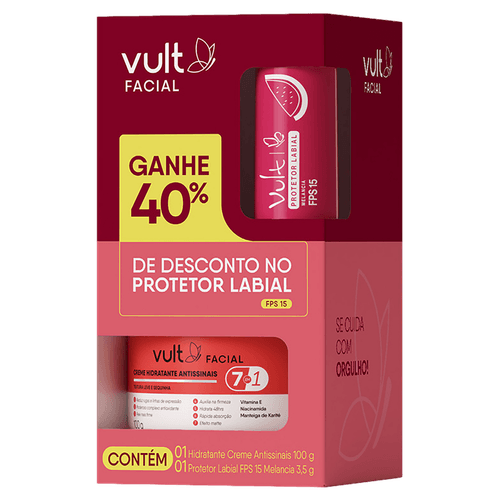Kit de Cuidados Faciais Creme Hidratante Antissinais Vult 100g + Protetor Labial FPS 15 Melancia 3,5g