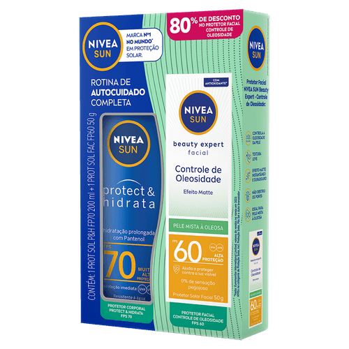 Kit Nivea Sun Rotina de Autocuidado Completa Protetor Solar Protect & Hidrata FPS50 200ml + Protetor Solar Facial Beauty Oleosidade FPS60 50ml