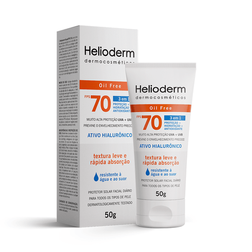 Protetor Solar Facial 3 em 1 Ativo Hialurônico FPS 70 Helioderm - 50g