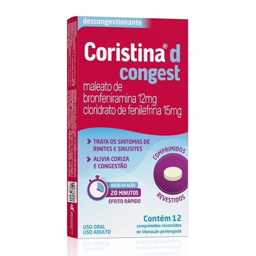 Descongestionante Coristina D Congest Bronfeniramina 12mg + Fenilefrina 15mg Hypera 12 Comprimidos Revestidos