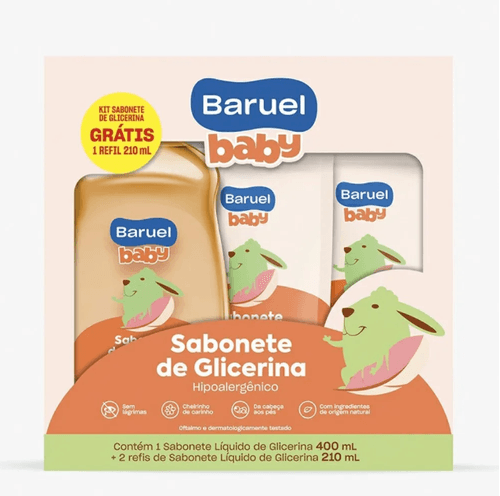 Kit Sabonete Líquido Glicerina Baruel Baby 400ml + 2 Refis de 210ml cada