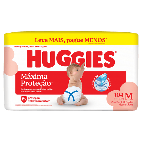 Fralda Descartável Infantil Huggies Máxima Proteção M - 104 Unidades