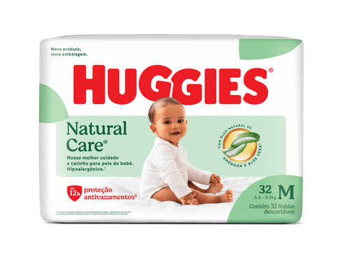Huggies Fralda Descartável Natural Care M 32 Unidades Hipoalergênica Sem Fragrância 12h