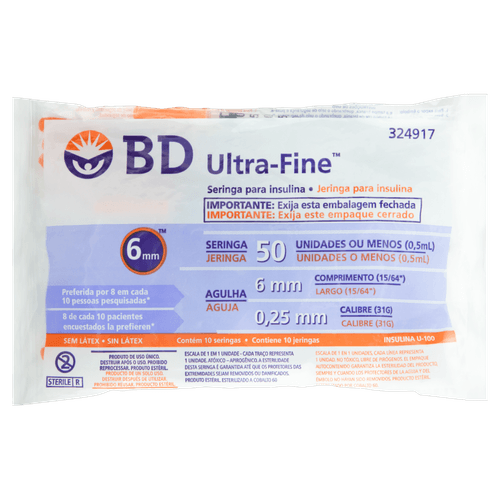 Seringa para Insulina BD Ultra-Fine com Agulha 6mm 50UI - 10 Unidades