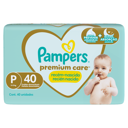 Pampers Fralda Premium Care P (5-8 kg) 40 un – Hipoalergênica, Respirável, Proteção 12h