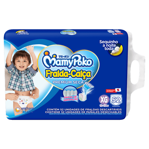MammyPoko Fralda-Calça XG Premium Seca 52un — Barreira Dupla, Furinhos Arejados, 12h