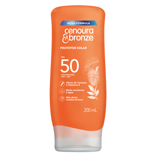 Cenoura Bronze Protetor Solar Loção FPS 50 200ml UVA+UVB Resistente à Água para Corpo