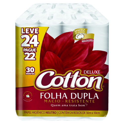 Papel higiênico folha dupla compacto rolo 30m 100% celulose Cotton