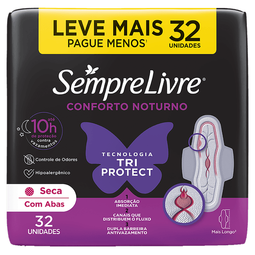 Absorvente com Abas Seca Sempre Livre Conforto nãoturnão Pacote 32 Unidades Leve Mais Pague Menãos