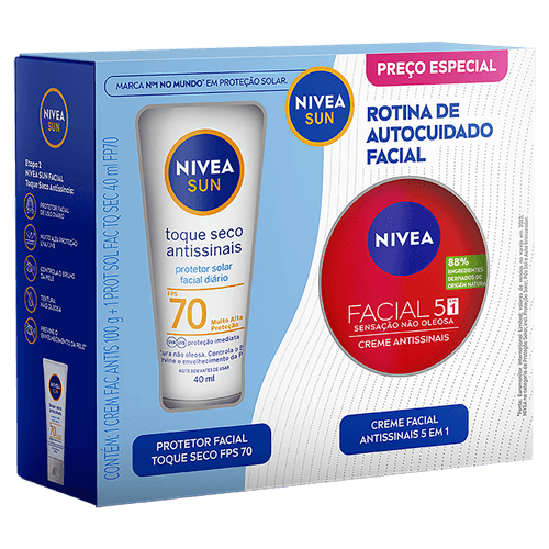Kit Nivea Sun Rotina de Autocuidado Facial Protetor Solar FPS70 40ml + Creme Antissinais 100g
