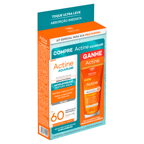 Kit Protetor Solar Aqua Fluid FPS 60 Antioleosidade 80g + Gel de Limpeza 40g Actine